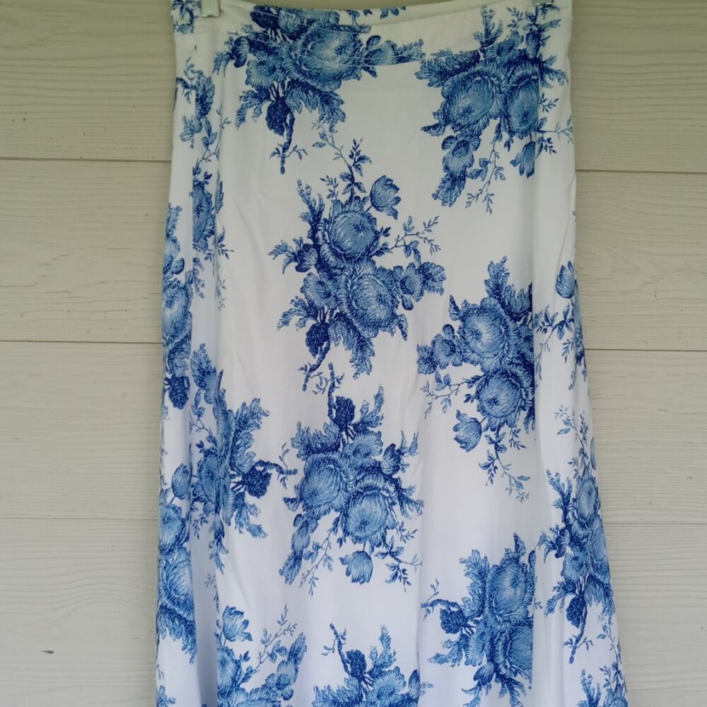 Women's A-Line Linen Rayon Blend Skirt Sz 6 Lined Blue Floral Print Romance
